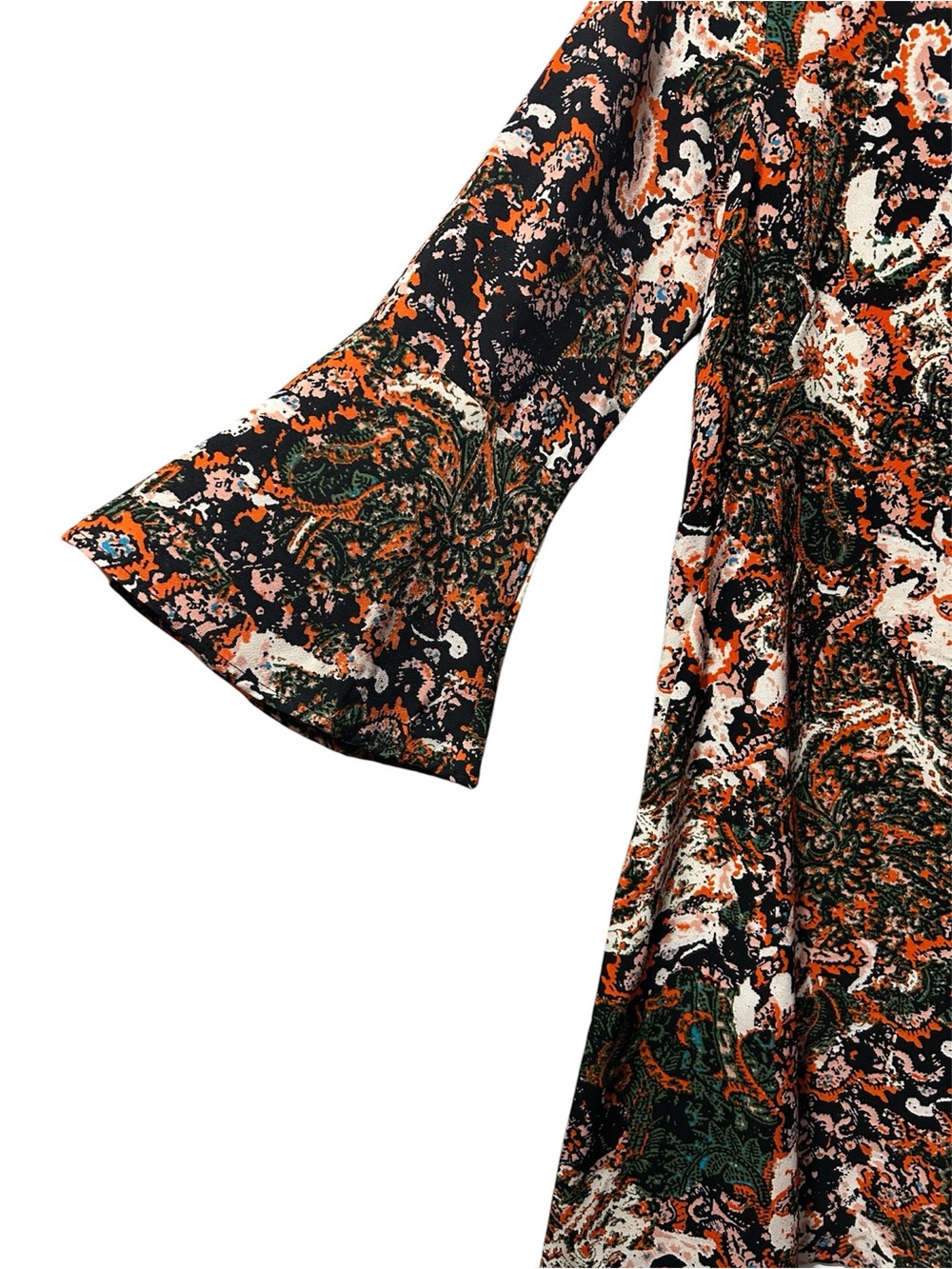Wayf Paisley Long Sleeve Bell-Sleeve Dress in Black, Orange and White - Picture 2 of 4